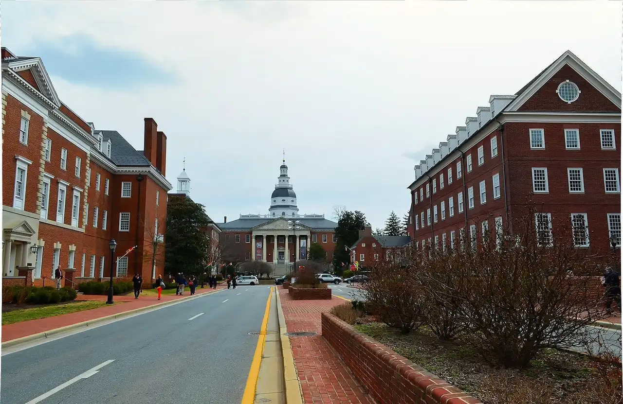 A brick street in Annapolis, Maryland, with a domed building at its far end.