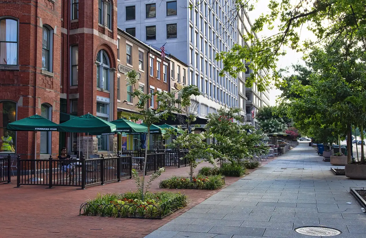 A tree-lined brick sidewalk in downtown Washington, DC, with green café umbrellas over outdoor tables.