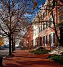 Brick row houses on a quiet street lined with autumn trees and a brick sidewalk
