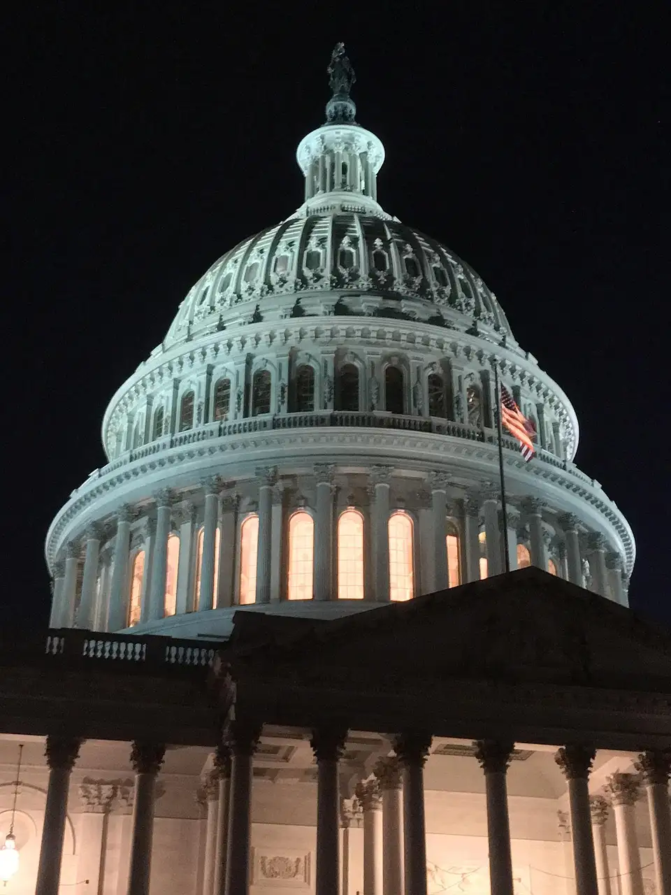 The U.S. Capitol dome lit up against the black night sky, with a flag beside it