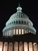 The U.S. Capitol dome lit up against the black night sky, with a flag beside it