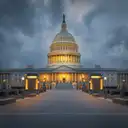 The U.S. Capitol dome lit at dusk under a cloudy sky, with an empty plaza in front