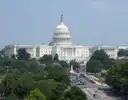The US Capitol above green trees, with an avenue in front of it