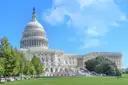 The US Capitol dome and west front above a green lawn in Washington, DC