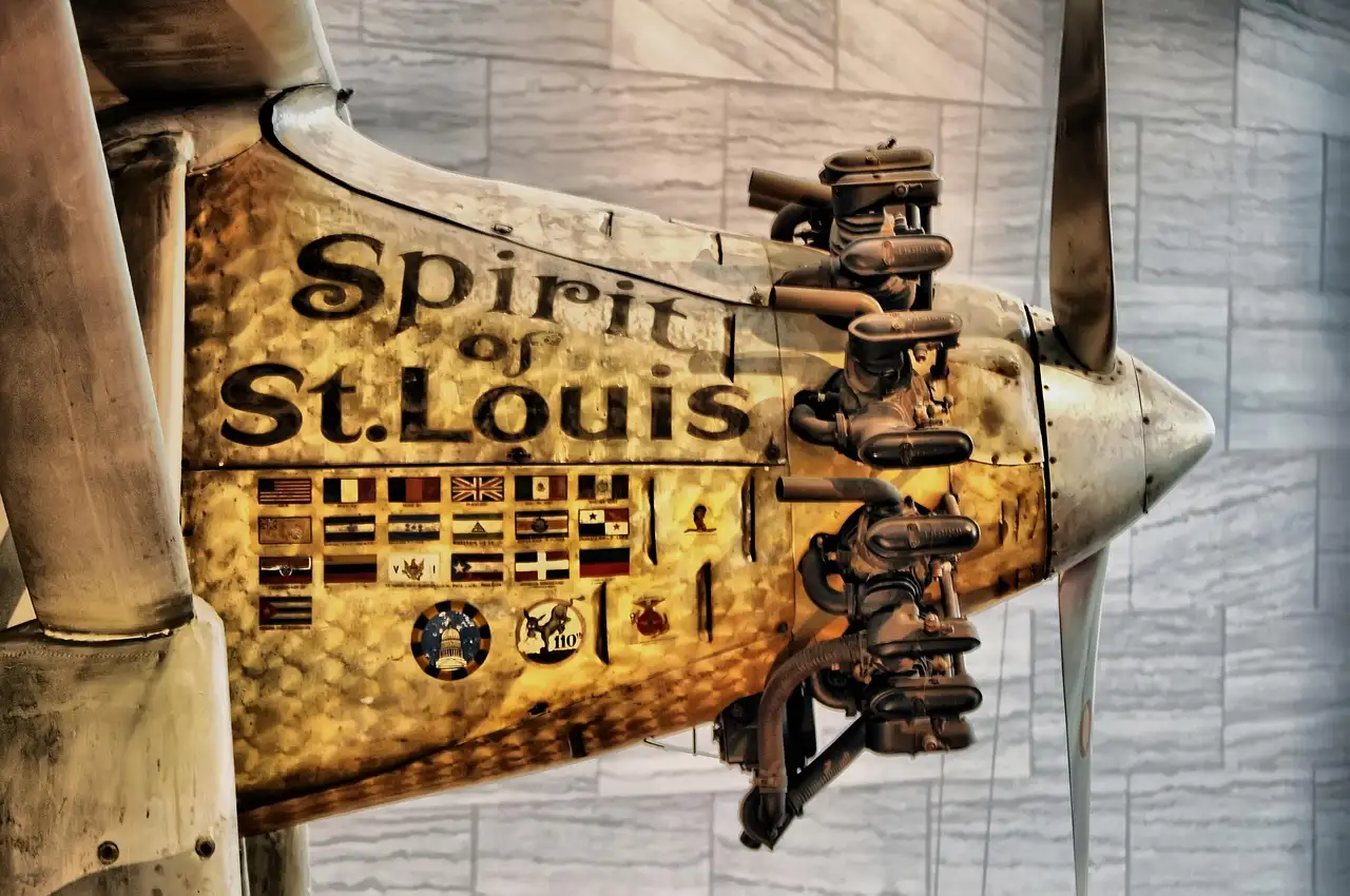 Nose, engine and propeller of the Spirit of St. Louis aircraft on display in the Air and Space Museum