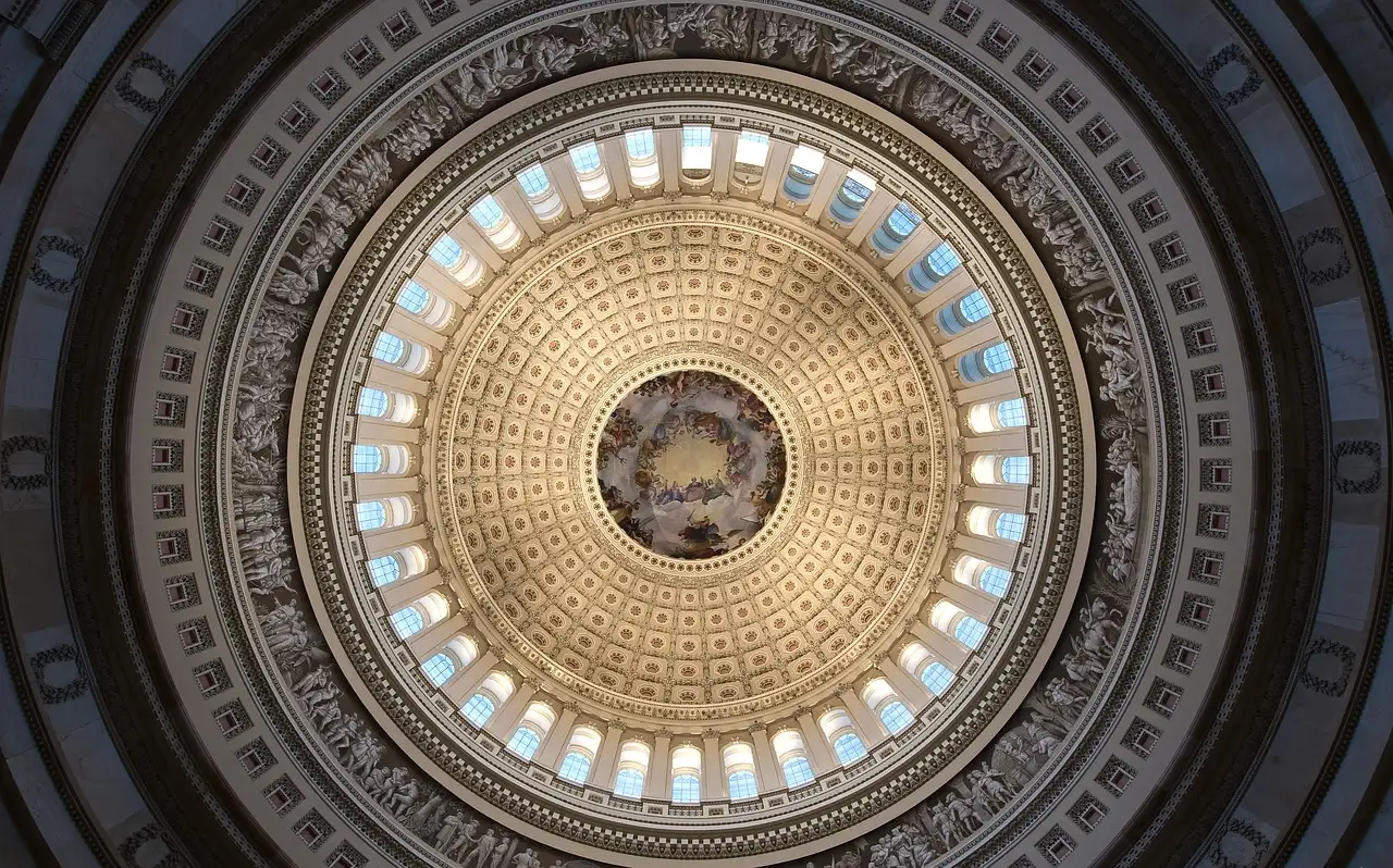 Capitol Rotunda dome from below with coffered ceiling and the Apotheosis of Washington fresco