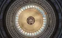 Capitol Rotunda dome from below with coffered ceiling and the Apotheosis of Washington fresco