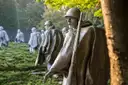 Steel soldier statues in ponchos walking through shrubs at the Korean War Veterans Memorial