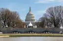 US Capitol dome behind a fountain and reflecting pool, framed by bare trees