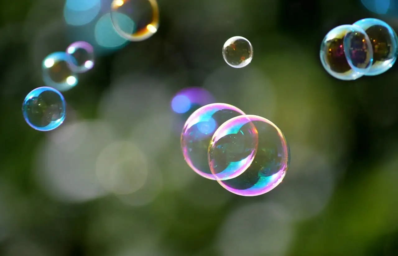 Several clear soap bubbles floating in the air in front of a green blur