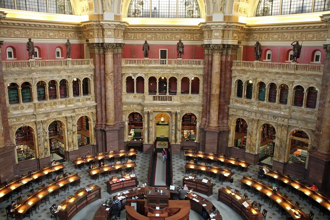 The round Main Reading Room of the Library of Congress, seen from the gallery