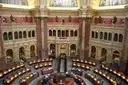 The round Main Reading Room of the Library of Congress, seen from the gallery