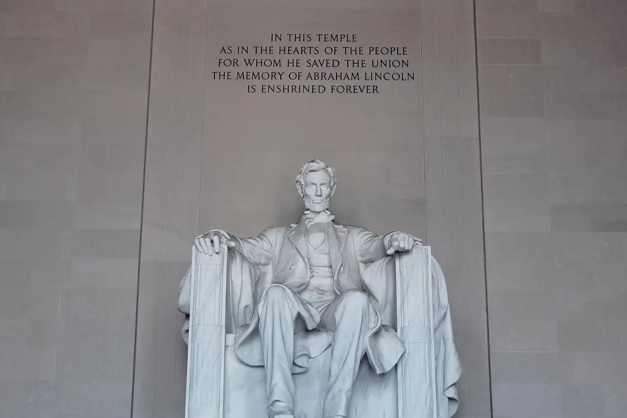 The seated statue of Abraham Lincoln inside the Lincoln Memorial
