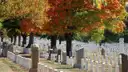 White headstones under orange autumn trees at Arlington National Cemetery