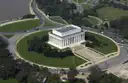 An aerial view of the Lincoln Memorial and the grounds around it in Washington, DC.