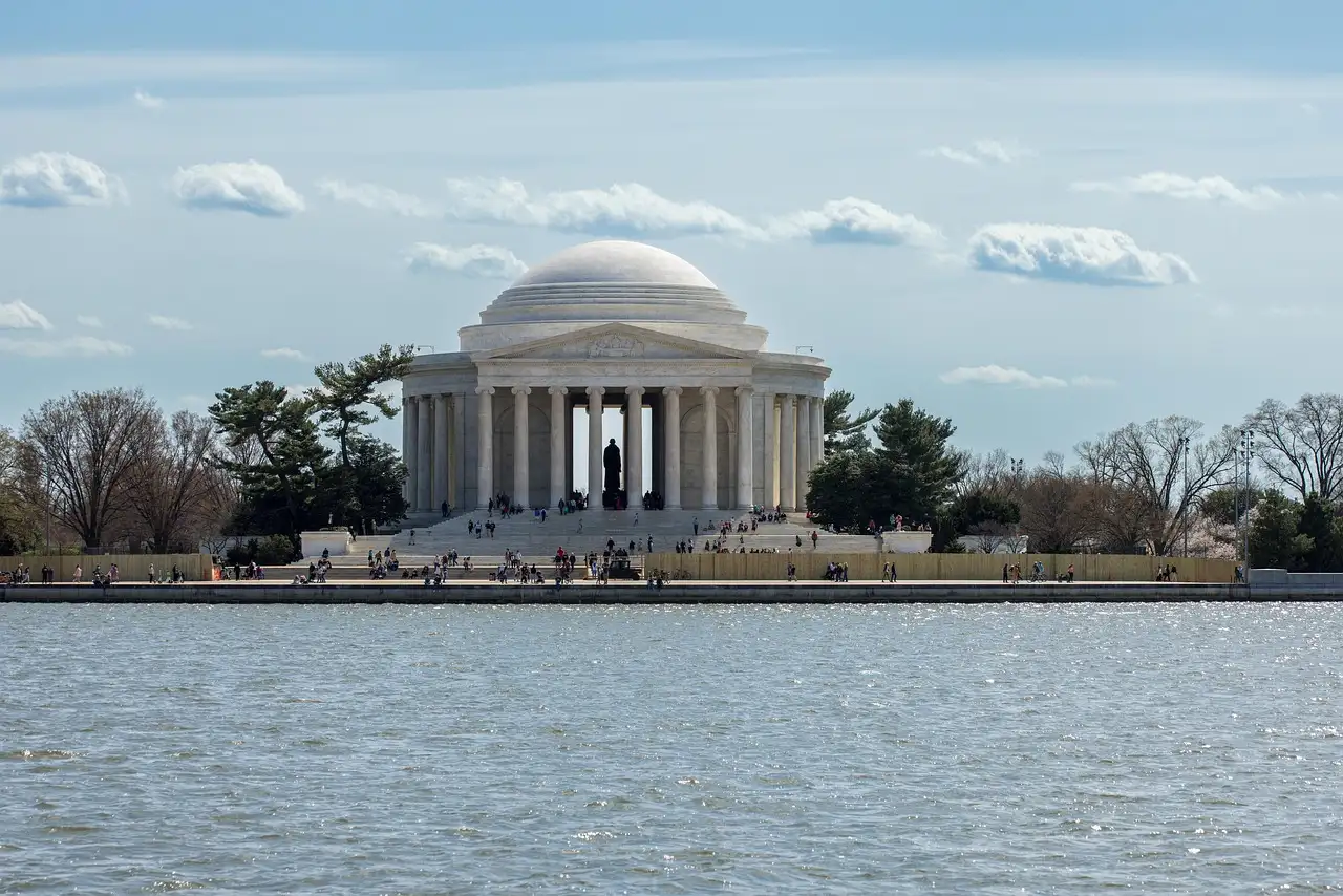 The Jefferson Memorial seen across the open water of the Tidal Basin