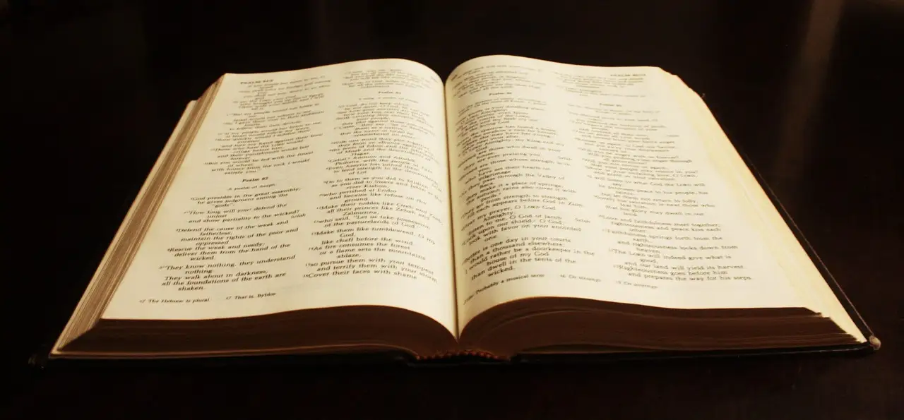 An open antique Bible lying on a dark surface.