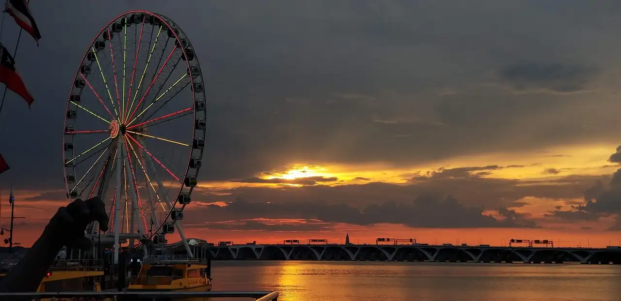 Sunset over the Potomac River at National Harbor, with a Ferris wheel on the shore