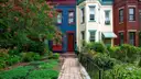 Colorful row houses with front gardens on a street in Washington, DC