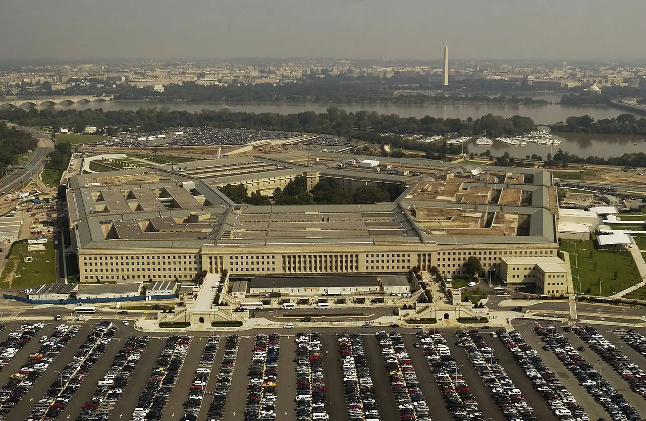 The Pentagon in Arlington, Virginia, seen from the air, with the Potomac River and Washington, DC behind it