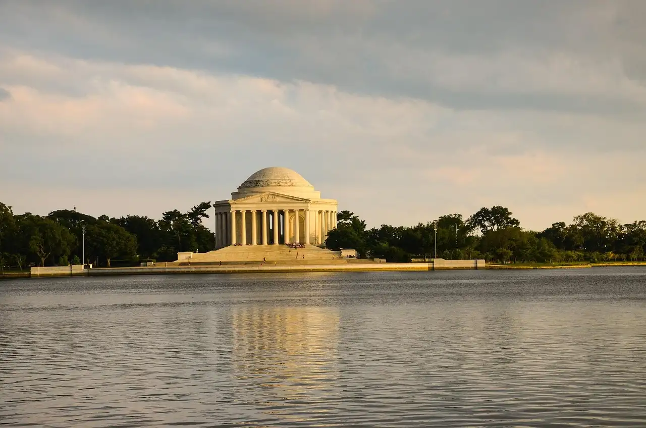 The Jefferson Memorial across the Tidal Basin at sunset