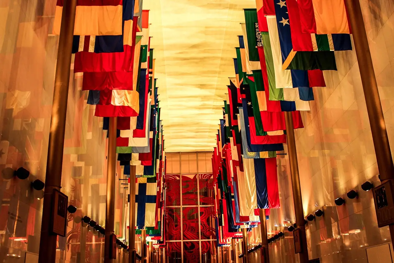 The Hall of Nations at the Kennedy Center in Washington, DC, lined with the flags of many countries.