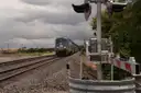 An Amtrak passenger train on a straight stretch of track beside a level crossing under a cloudy sky.