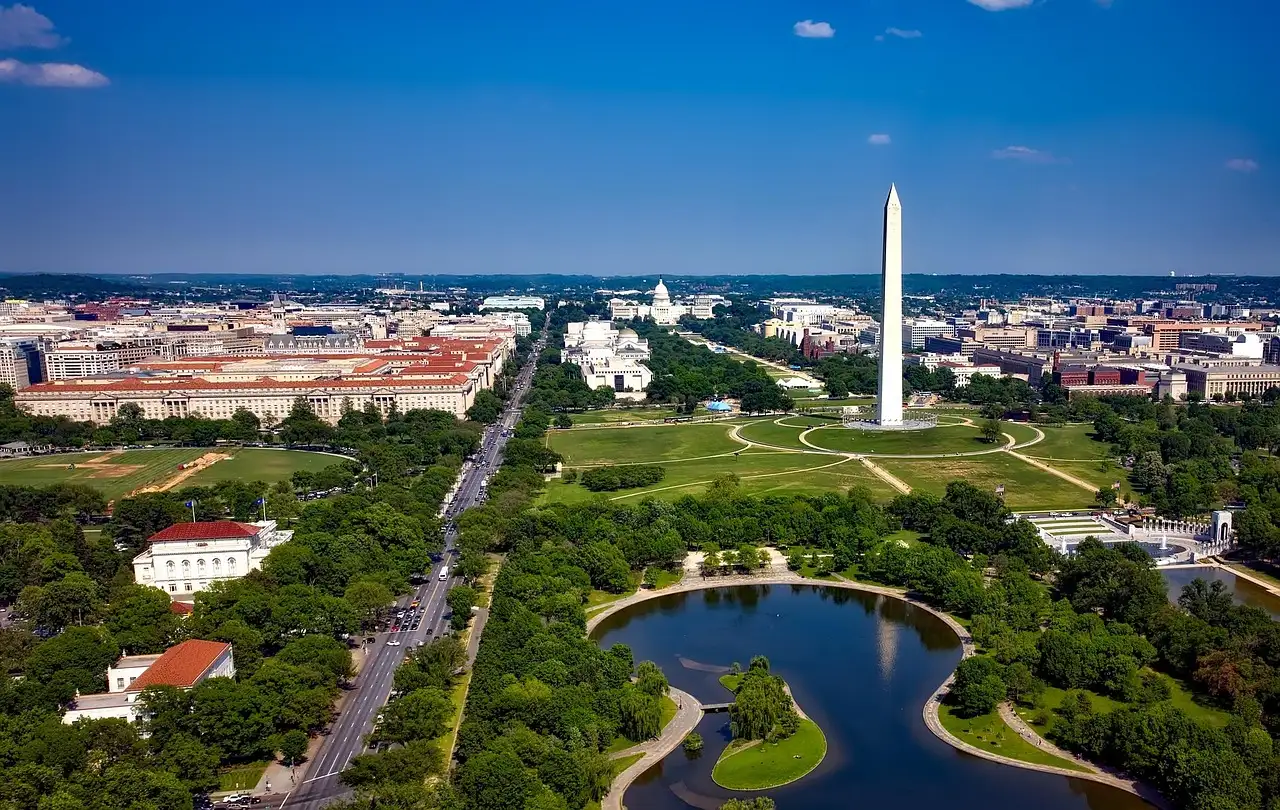 An aerial view of the National Mall, with the Washington Monument and the Tidal Basin.