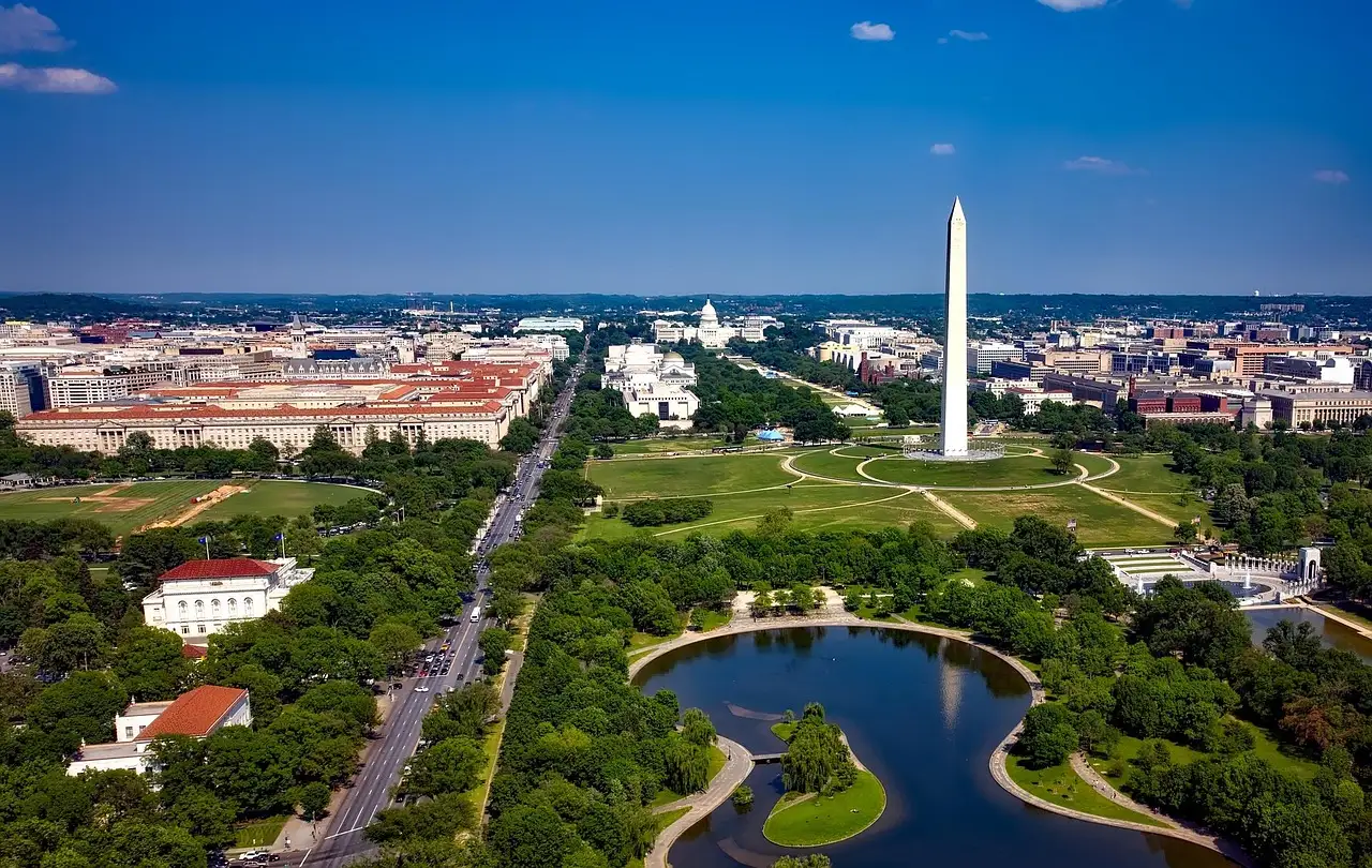 An aerial view of the National Mall, with the Washington Monument and the Tidal Basin.